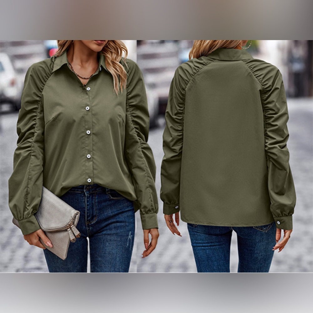 PRETTYGARDEN 2024 Fall Fashion Button Down Shirts Ruched Casual Blouse Tops